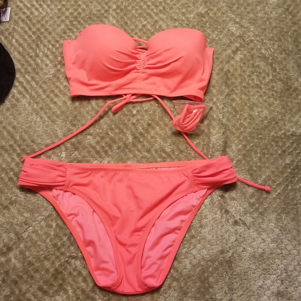 NWOT Coral Lace Up Top Bikini Victoria's Secret